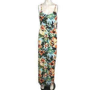 HAUTE MONDA- WOMEN'S MEDIUM - SKY BLUE HAWAIIAN PRINT SPAGHETTI STRAP MIDI DRESS